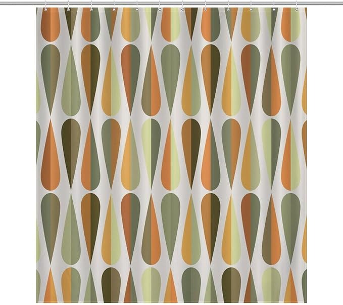 Mid Century Modern Shower Curtain,Retro Abstract Geometric Drop Shapes Art Style Shower Curtains Set for Bathroom Fabric Decorative Bath Curtain Washable Curtain Hooks, 72x72”