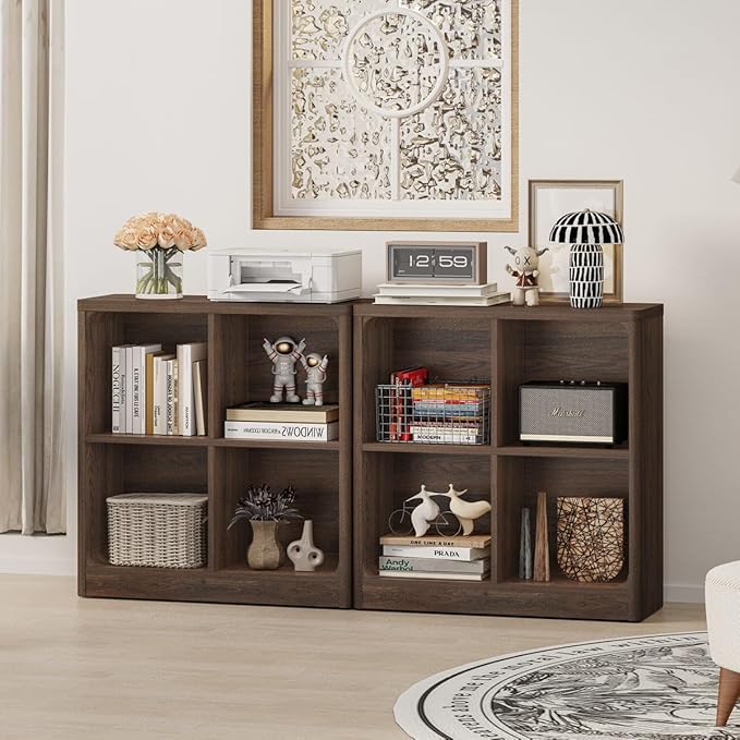 FATORRI 4 Cube Storage Organizer Bookshelf, Small Cube Bookcase, Wood Cubby Shelf for Living Room, Home Office, Bedroom (Dark Walnut, 29.53 Inch)