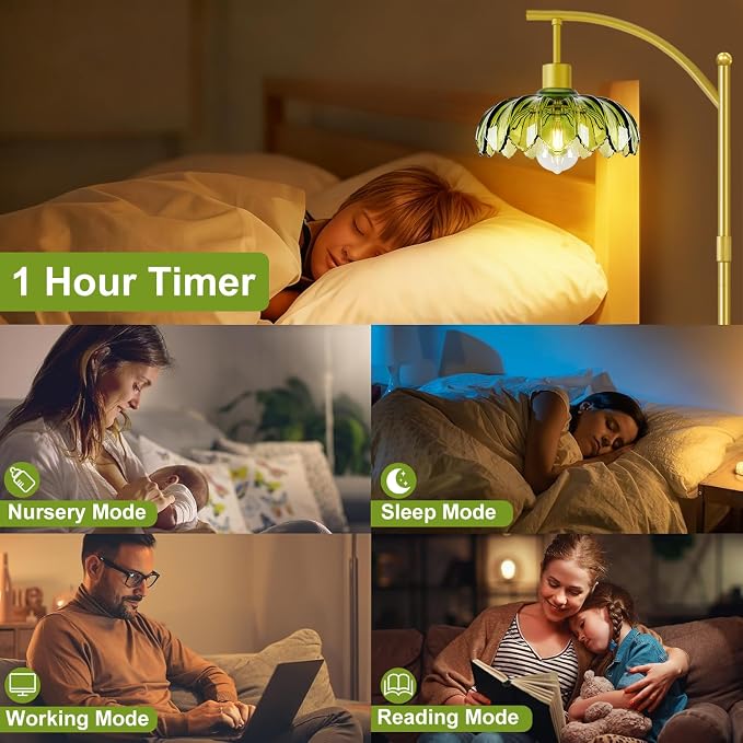 Gold Floor Lamp with Remote Control, Dimmable LED Floor Lamp with 3 Color Temperatures, Adjustable Height Vintage Standing Lamps for Living Room BedroomOffice, Green Glass Tall Lamps Gift Use