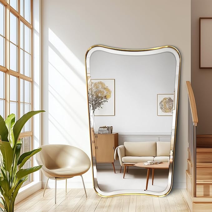POZINO Brushed Gold Beveled Mirror, 30"x48" Vanity Mirror for Over Sink, Large Rectangle Floor Mirrors for Dressing, Irregular Shaped Wall Mirrors for Living Room Bathroom Bedroom Hallway Entryway