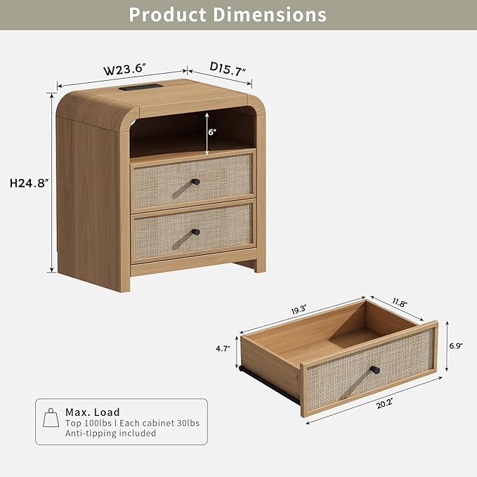 Oak&Sparrow Rattan Nightstand, 23.6'' Rattan End Table with Ample Storage, Boho Nightstand with Charging Station, Thickened Curved Profile Design, Oak Nightstands for Living Room, Bedroom