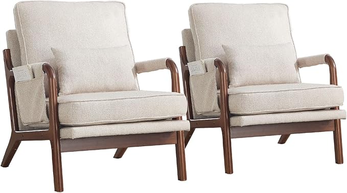 ANJ Mid Century Modern Accent Chair Set of 2, Lounge Reading Armchair with Extra Side Pocket & Detachable Cushion, Comfy Fabric Accent Chairs for Living Room, Bedroom,Beige