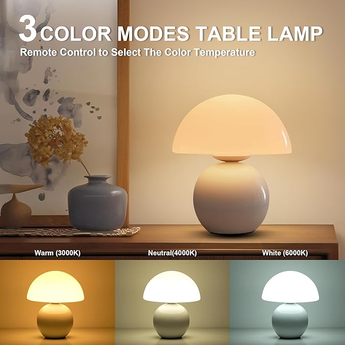 Cordless Cute Mushroom Lamp with Remote Control, Cordless Lamps for Tables, 9 RGB, 3 Color Temperature, Stepless Dimmable, Timer, Memory, Unique Aesthetic Home Decor for Living Room (White)