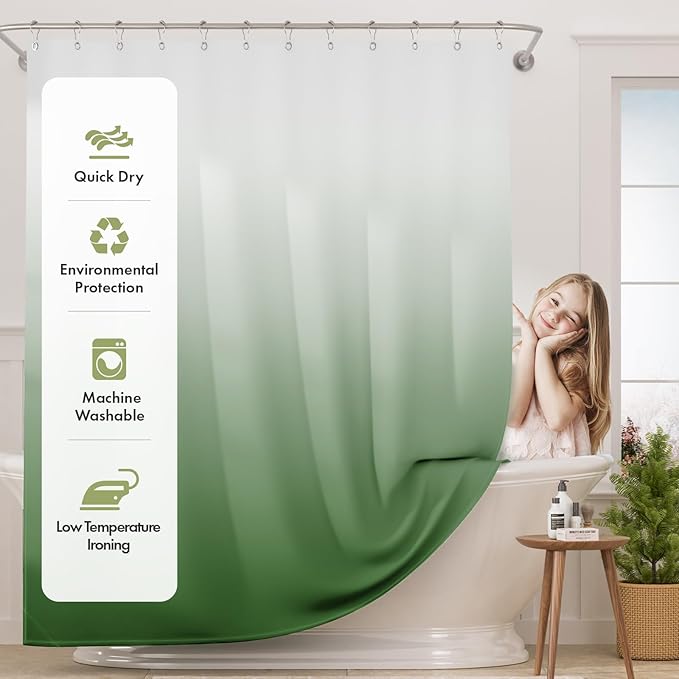 AmazerBath Fabric Shower Curtain Set, Ombre Grass Green Curtain with 12 Curtain Hooks, Rustic Cloth Green and White, Cute Washable Bathroom Shower Curtain, 72x72 Inches