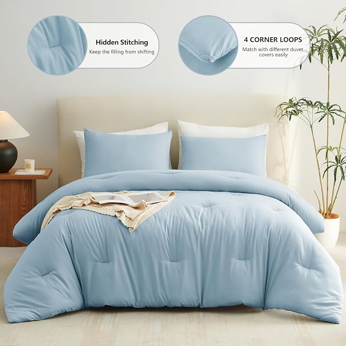 CozyLux Full Size Comforter Set Light Blue, 3 Pieces Lightweight Down Alternative Quilted Bedding Sets, All Season Soft Breathable Solid Comforter with 2 Pillowcases, Luxury Bed Set Gift for Home
