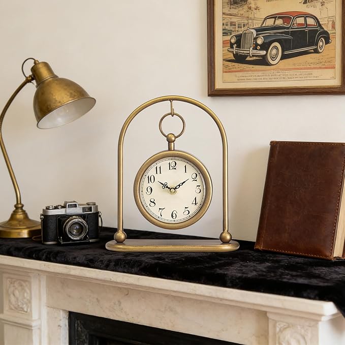 Vintage Small Gold Table Clock, Farmhouse Table Clock, Silent Non-Ticking Battery Operated Desk and Shelf Clocks for Living Room Bedroom Kitchen Home Decor