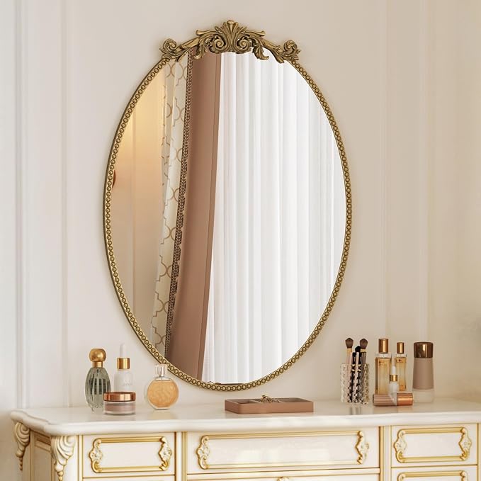 CozyDH Retro Gold Oval Wall Mirror Decor - 25x36 inch Ornate Baroque Style Beaded Metal Frame - Vintage Home Decor for Entryway, Foyer, Fireplace, Living Room, Hallway