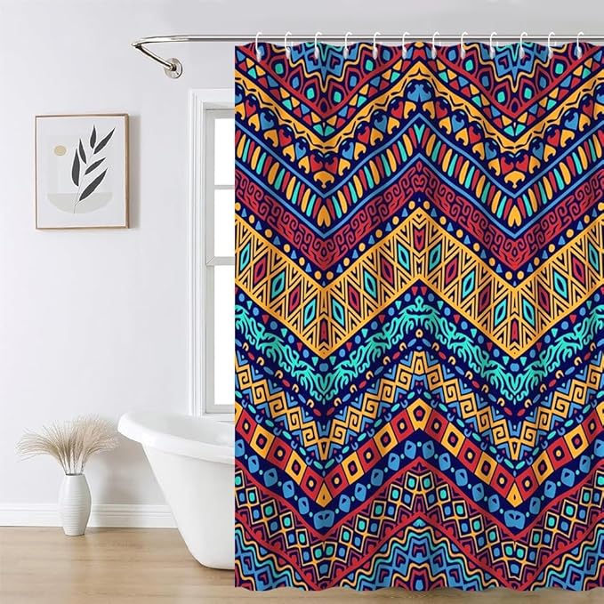 Mid Century Bohemian Shower Curtain for Bathroom Colorful Ethnic Geometric Design Shower Curtains Retro Abstract Aesthetic Bathroom Decor Set Washable Waterproof Polyester Fabric with Hooks 69x75 Inch