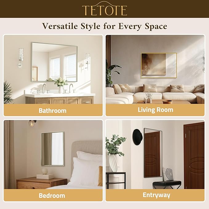 TETOTE Brushed Nickel Bathroom Vanity Mirror 55" x 36" Beveled Framed Bathroom Wall Mirror for Over Sink Brushed Nickel, Tempered Glass, Modern Farmhouse Bedroom, Entryway, Living Room