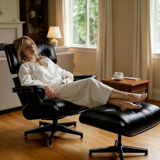 Mid-Century Genuine Top Grain Leather Chaise Lounge Chair & Ottoman, Black Ash Wood Base, Modern Heavy Duty Support for Home & Office