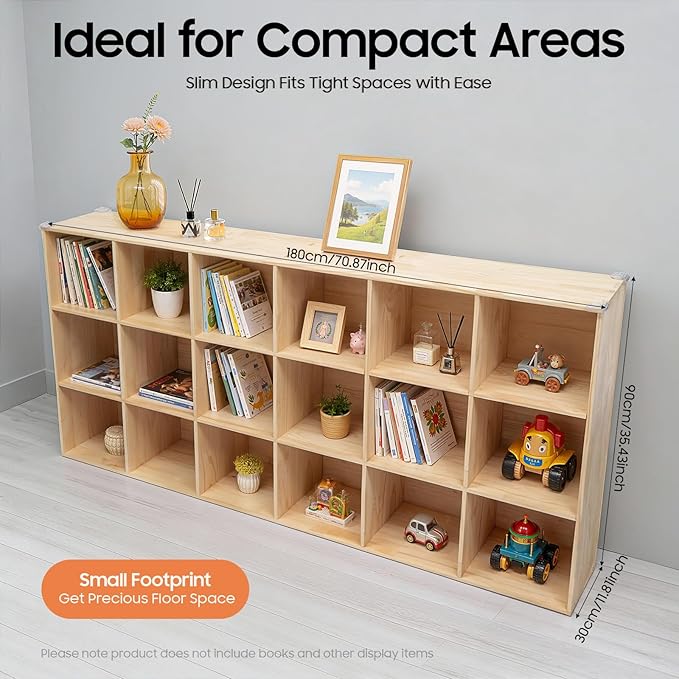 18-Cube Pine Wood Storage Organizer, Solid Wooden Bookshelf with Back Panel, 11in Shelf Opening Bookcase, Freestanding for Living Room, Bedroom, Office (70.8 x 11.8 x 35.4in)