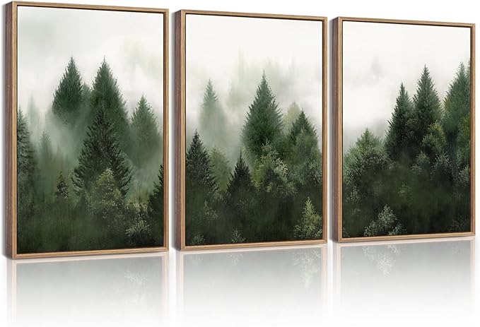 KUVIOKE Morden Green Fog Pine Tree Framed Canvas Wall Art Nature Nordic Forests Artwork Painting Bedroom Decor 12x16in (Natural Framed)