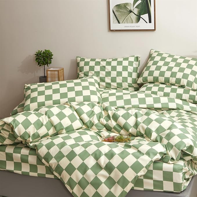 Pureant Green White Plaid Comforter Sets Full Women Men Sage Green Checkerboard Grid Bedding Comforters Cotton Boys Girls Modern Grass Green and White Checkered Geometric Quilts Luxury Abstract Bed
