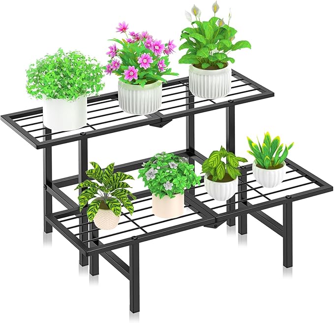 2 Tier Plant Stand Outdoor Indoor, Separated Tiered Folding Metal Plant Shelf Multiple Plant Holder Ladder Display Rack for Corner Garden Balcony Patio Porch, Easy Assembly (Black)