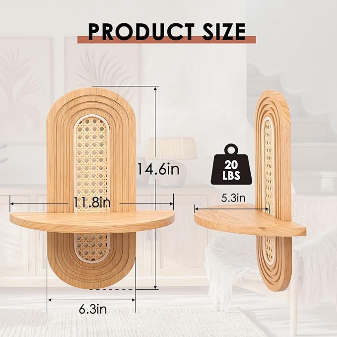 Floating Shelves for Wall, Boho Rattan Shelf Set of 2, Unique Small Decorative Shelf Wall-Mounted, Nature Wood Shelves for Living Room,Bedroom,Nursey Room (Natural)