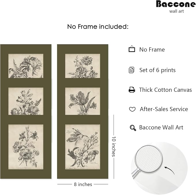 Vintage Floral Wall Art Sketch Flower Prints Antique Botanical Canvas Wall Art Decor Vintage Etchings Floral Poster Green Botanical Painting Sage Green Artwork for Bedroom 8x10x6 Inch Unframed