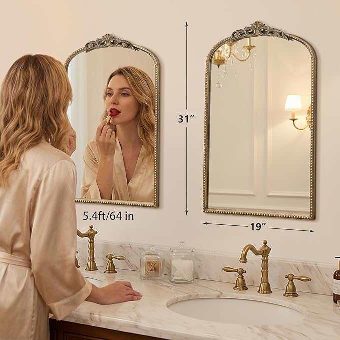 Micasso Vintage Wall Gold Mirror: 31"x 19" French Baroque Antique Mirror - Traditional Ornate Decorative Arched Mirrors for Wall/Bathroom/Entryway/Fireplace/Hallway - Home Decor for Living Room