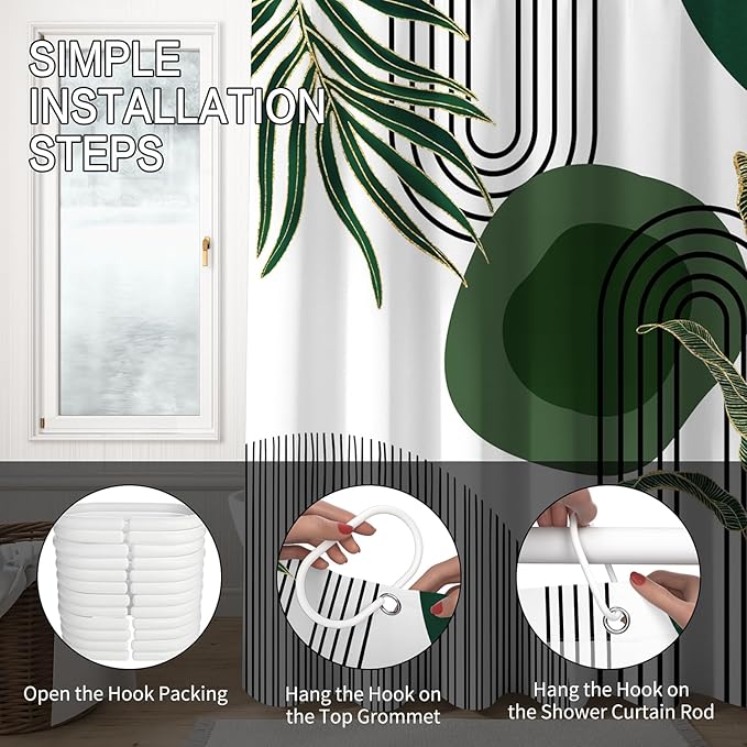 Mid Century Green Shower Curtain for Bathroom Boho Modern Abstract Plant Tropical Leaves Bathroom Curtain Set Geometric Arch Minimalist Waterproof Fabric Bath Decor 72x78 inch