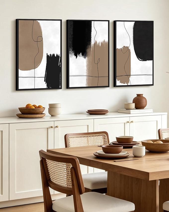 KUVIOKE Neutral Abstract Framed Wall Art Beige Mid Century Textured Wall Decor Minimalist Line Modern Illustrations Art Print Home Decor 16x24in (Black Framed)