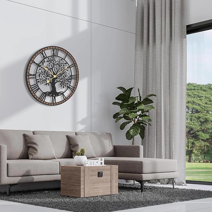 Micasso Vintage Oversize Wall Clock: 38Inch Farmhouse Tree of Life Metal with Wood Frame - Rustic Battery Operated Wall Clocks for Fireplace/Living Room/High-Ceiling - Home Decor for Homemakers