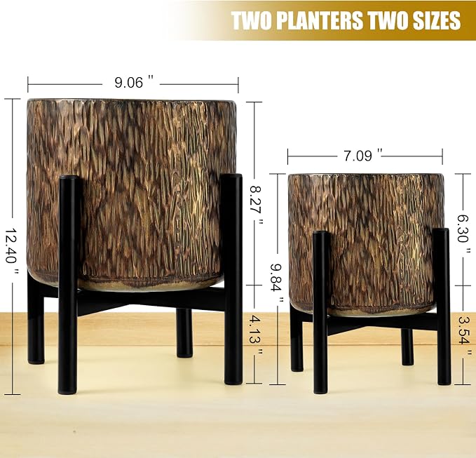 Harvest Land Plant Pots with Stand, Set of 2 Large Modern Planters Metal Tall Handmade Flower Pots with Drainage Holes Indoor Outdoor,Bronze