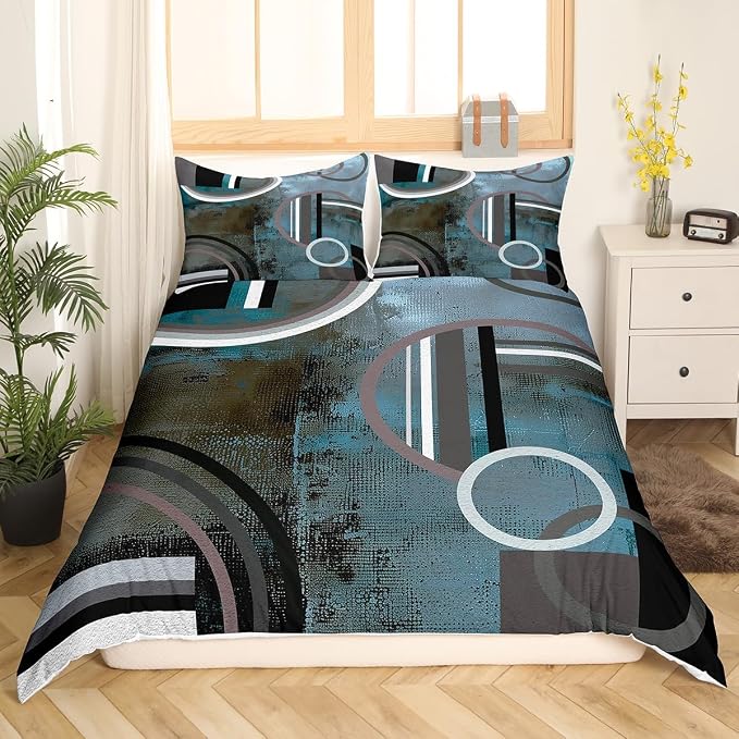 Erosebridal Blue and Brown Grey Duvet Cover King Size,Oil Painting Style Bedding Set for Teens Adult,Modern Geometric Circles Duvet Cover Set,Abstract Aesthetic Bed Cover Bedroom Decor 3Pcs