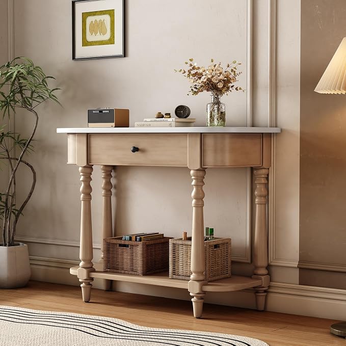 Retro Curved Console Table, 36" Solid Wood Half Moon Console Table Sofa Table Entryway Table with 1 Drawer 1 Open Shelf Roman Legs Curved Corners for Living Room,Entryway,Hallway,White+Beige