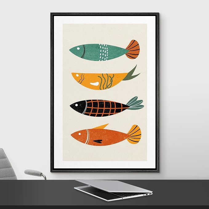 Woodrose Framed Canvas Print Wall Art Mid-Century Pattern Ocean Fish Animals Shapes Illustrations Modern Minimalist Chic Relax/Calm Multicolor for Living Room, Bedroom, Office - 24"x36" Black