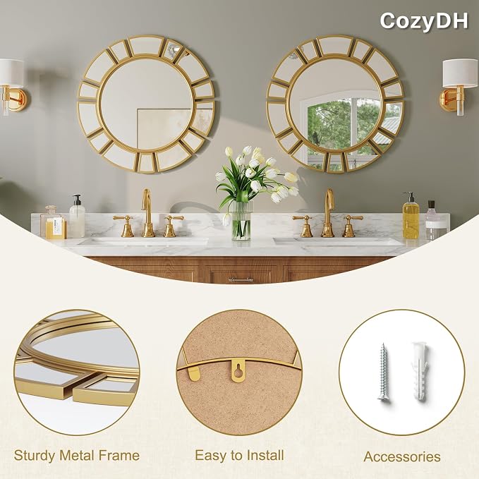 CozyDH Gold Sunburst Mirror Decor - 24 inch Round Wall Mirror Decorative with Metal Frame Modern Bohemian Sun Art Decor Mirror for Entryway Bedroom Living Room Hallway Bathroom Dining Room Fireplace
