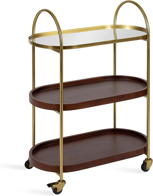 Kate and Laurel Maxfield Midcentury Modern Rolling Bar Cart, 26 x 13 x 36, Walnut and Gold, Decorative Glamorous Wood and Mirrored Kitchen Storage Cart with Wheels