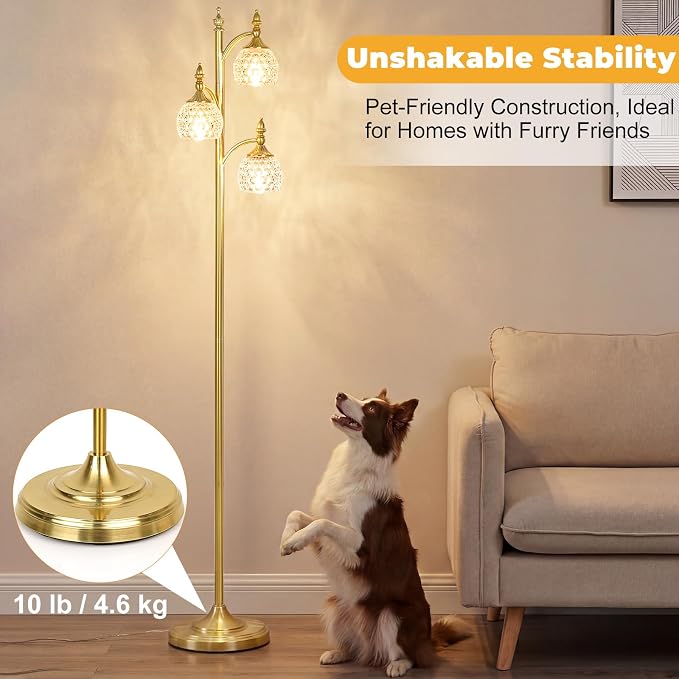 Gold Flower Floor Lamp, Dimmable Tree Floor Lamps for Living Room Brass Tall Standing Lamp with 3 Brightness Lights Glass Shades 66.5'' Modern Corner Lamp for Bedroom Office(3LED Bulbs Included)