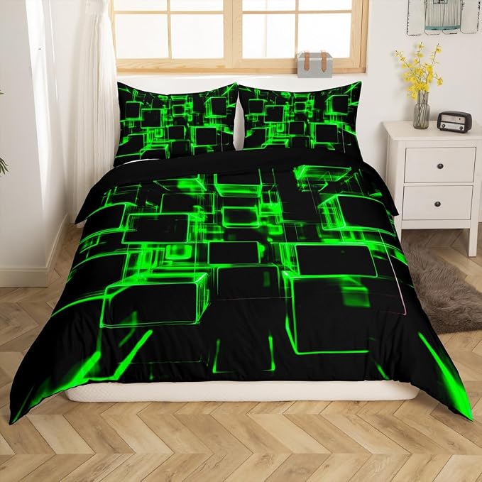 Erosebridal Fluorescent Green and Black Kids Duvet Cover, Modern Geometric Square Bedding Sets for Boys Girls Gradient Neon Light Honeycomb Bed Cover Twin 2 Pieces