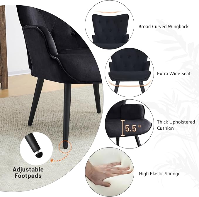 Furniliving Velvet Accent Chair for Living Room, Upholstered Reading Chair with High Backrest, Tufted-Button Wingback Armchair for Bedroom, Dressing Room, Home Office, Black, Set of 2