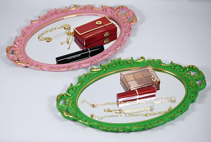 Tstarer Vintage Decorative Pink Framed Mirror, Wall Hanging Mirrors & Tabletop Tray for Bedroom Living Room Dresser Decor, Oval- 9.6" W x 14.3" L (Pink)