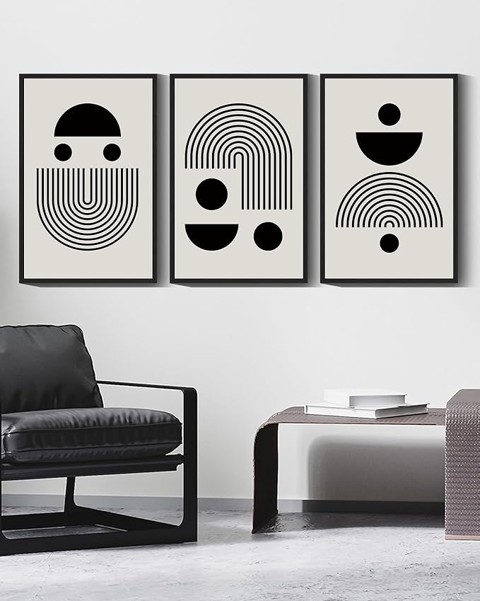 Drsoum Large 16x24in Black Abstract Framed Wall Art Decor Solid and Spiral Semi-Circles Geometric Shapes Drawings Modern Art Decorative Ready To Hang - Black Framed