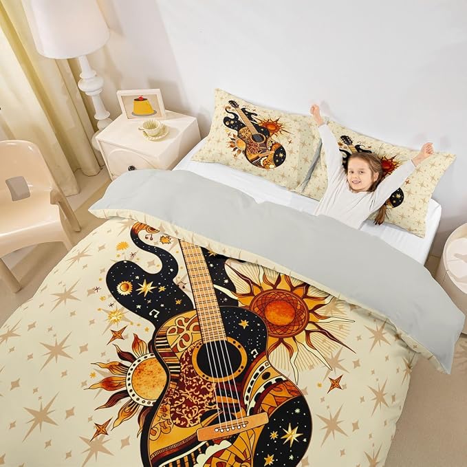Erosebridal Boho Guitar Duvet Cover Queen Retro Bohemia Aesthetic Room Decor Bedding Set Trendy Celestial Sun Star Comforter Cover,Vintage Guitar Music Bed Set