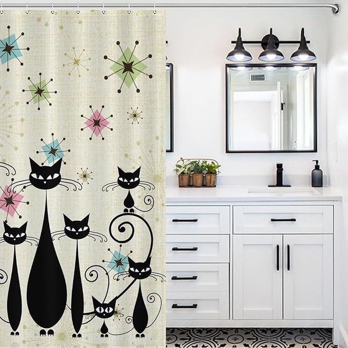 Mid Century Black Cat Shower Curtain,Retro Funny Atomic Cat Modern Abstract Geometric Iconic Pattern Bathroom Curtain Polyester Waterproof Fabric Decor 66x72in（168x183cm）