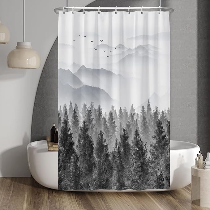 Baocicco Grey Forest Mountain Shower Curtain Watercolor Misty Forest Nature Tree Mountain Landscape Shower Curtains for Bathroom Waterproof Fabric Shower Curtain with Hooks 48x72 Inches