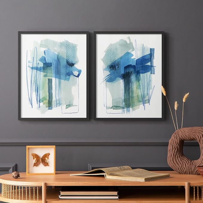 Renditions Gallery Set of 2 Peel & Stick Framed Prints, Modern Abstract Wall Art, Blue and Neutral Bold Brushstrokes Wall Decor, Re-Stickable - Ready to Hang - 8"x10" - Black Frame LT588