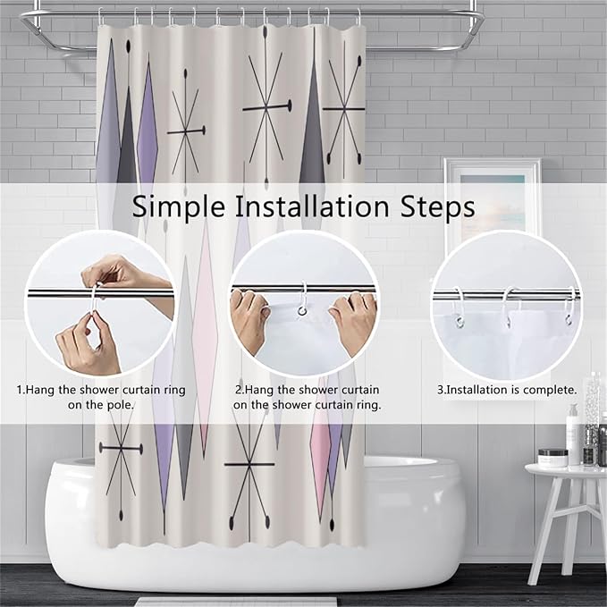 Boho Mid Century Shower Curtain Abstract Purple Grey Pink Diamond Geometric Atomic Starburst Pattern Beige for 1950s Retro Bathroom Decor Shower Curtain Set with 12 Hooks, 36x72 Inches