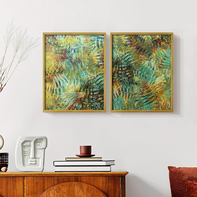 Renditions Gallery Set of 2 Peel & Stick Framed Prints, Nature Abstract Wall Art, Green Leafy Design Wall Decor, Re-Stickable - Ready to Hang - 22"x28" - GOLD Frame LT588