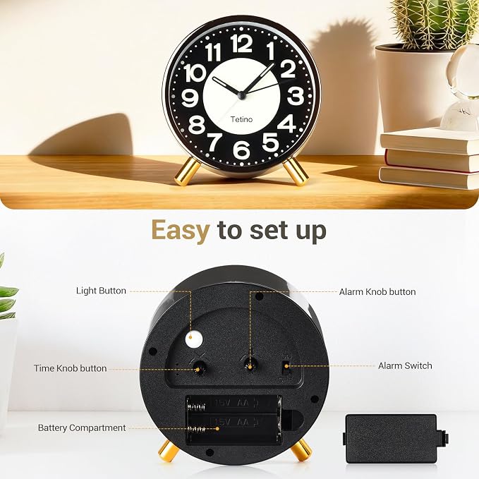 Tetino Analog Alarm Clock,Super Silent Non Ticking Small Clock with Night Light, Battery Operated, Simple Design, for Bedroom, Bedside, Desk, Adult, Kid, Gift，Ideal Decor (Light Luxury Gray)