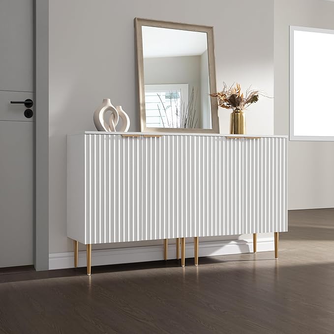 SICOTAS Sideboard Cabinet - 87'' Modern Accent Credenza Storage Cabinet Kitchen Fluted Sideboard with 6 Doors & Adjustable Shelves, Console Coffee Bar Table for Entryway Living Room Hallway, White