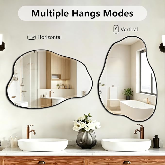 POZINO Irregular Beveled Wall Mirror, 36" x 24" Asymmetrical Vanity Mirror with Metal Frame, Organic Cloud Shaped Mirror for Bathroom Entryway Living Room Bedroom, Horizontal or Vertical Hanging