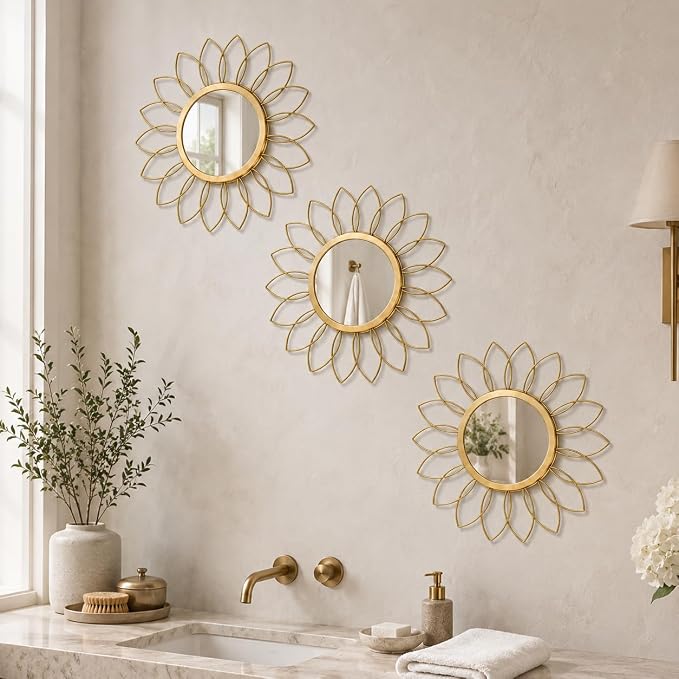 Gold Flower Mirror Set of 3, 3PCS Metal Round Decorative Wall Mirrors, Floral Petal Accent Mirror Wall Decor for Living Room, Bedroom, Entryway & Bathroom