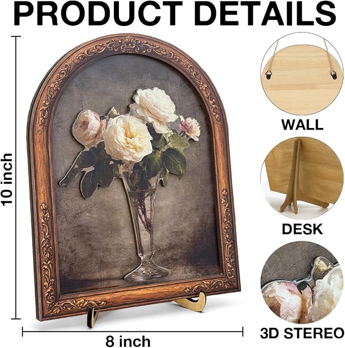 3D Vintage Rose Floral Desk Decor Sign, Vintage Rose Bouquet Glass Vase Framed Wall Art Sign for Home Bedroom Living Room Desk Wall Shelf Rustic Aesthetic Decor 8x10 Inch