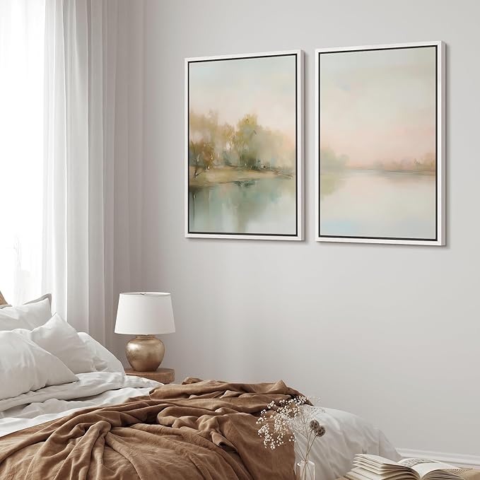 MUDECOR Framed Canvas Print Wall Art Tranquil Reflection Serene River Landscape Illustrations Modern Art Decorative Bohemian Chic for Living Room, Bedroom, Office - 16"x24"x2 White