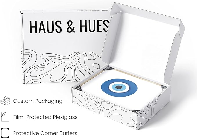 HAUS AND HUES Evil Eye Decor - Navy Blue Wall Art, Evil Eye Wall Decor, Mykonos Artwork, Evil Eyes Print, Big Eyes Painting Print, Evil Eye Poster for Wall Art Aesthetic (Beige Frame, 16x20)