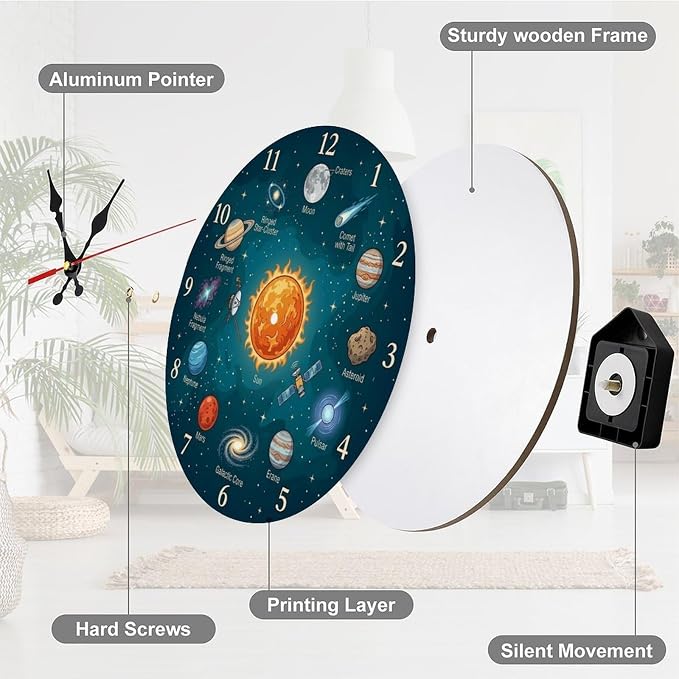 Solar System Galaxy Wooden Wall Clock Silent Non Ticking for Kids Room Decor & Office, 10/12 Inch Round Frameless Battery Operated Home Decor Gift