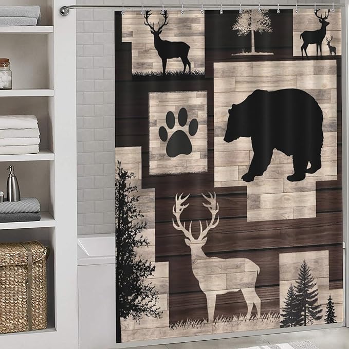 Rustic Cabin Bear Animals Shower Curtain Deer Forest Wildlife Wooden Country Lodge Hunting Camping Animal Waterproof Shower Curtains for Bathroom Decor 12 Pack Hooks 66x72in（168x183cm）